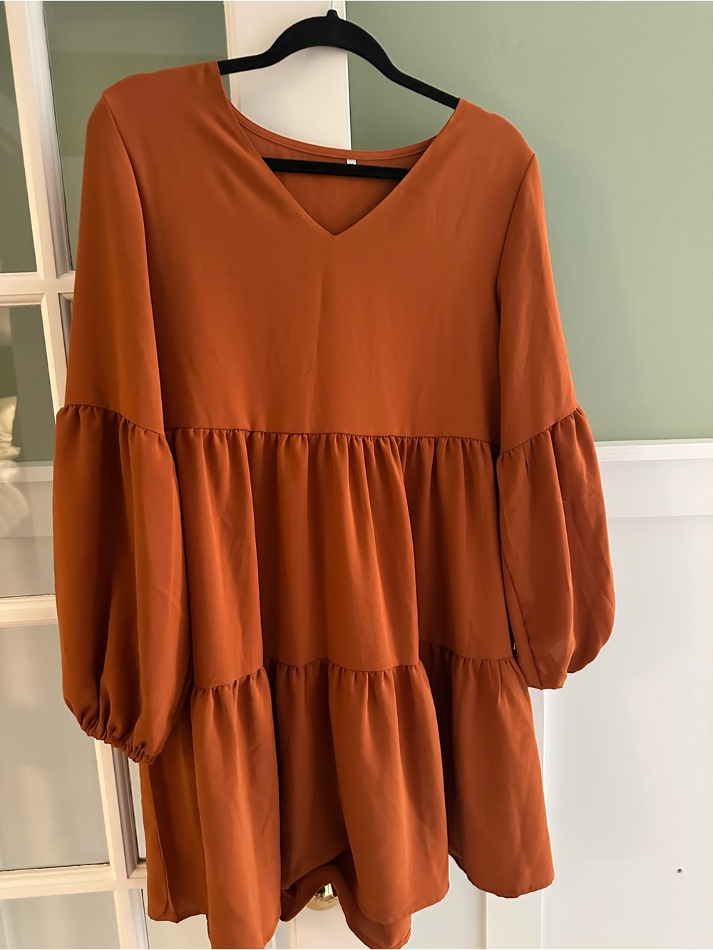 Tiered V-Neck Long Sleeve Dress in Burnt Orange
